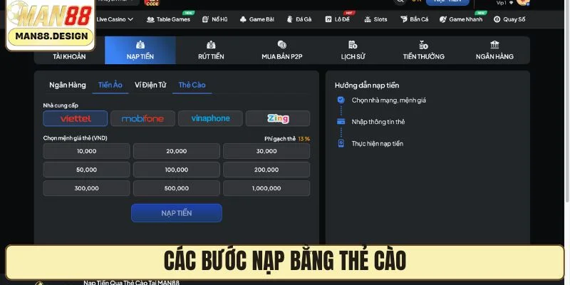 Các bước nạp bằng thẻ cào 